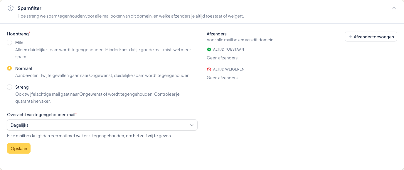 Spamfilter instellen: mild, normaal of streng, met afzenders toestaan of weigeren
