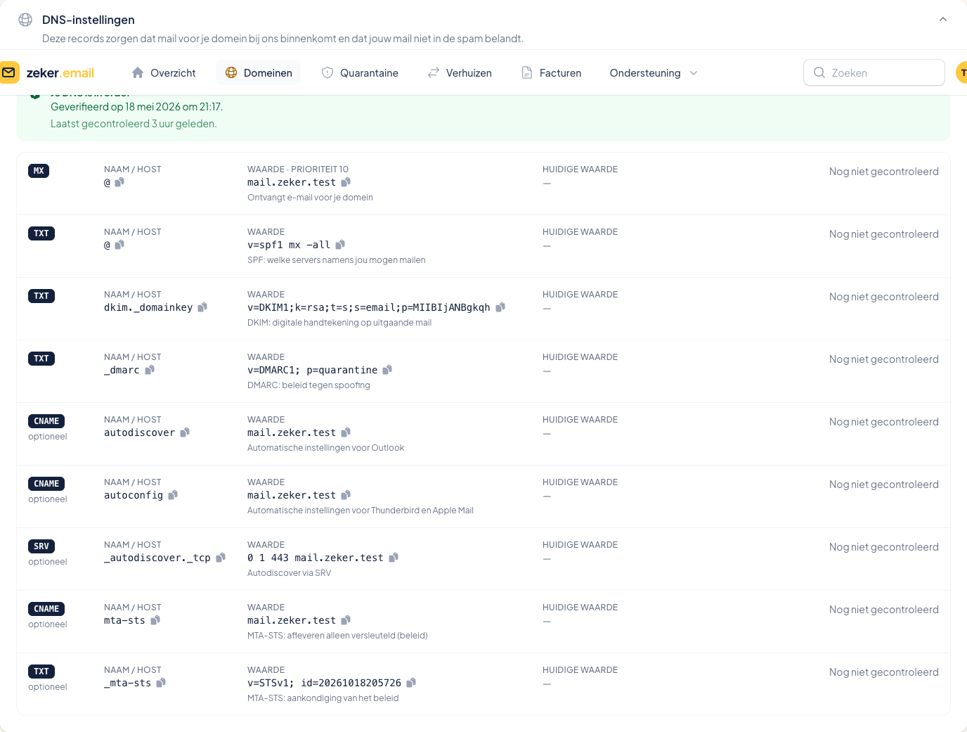 DNS-records van een domein in de zeker.email-portal met uitleg per record