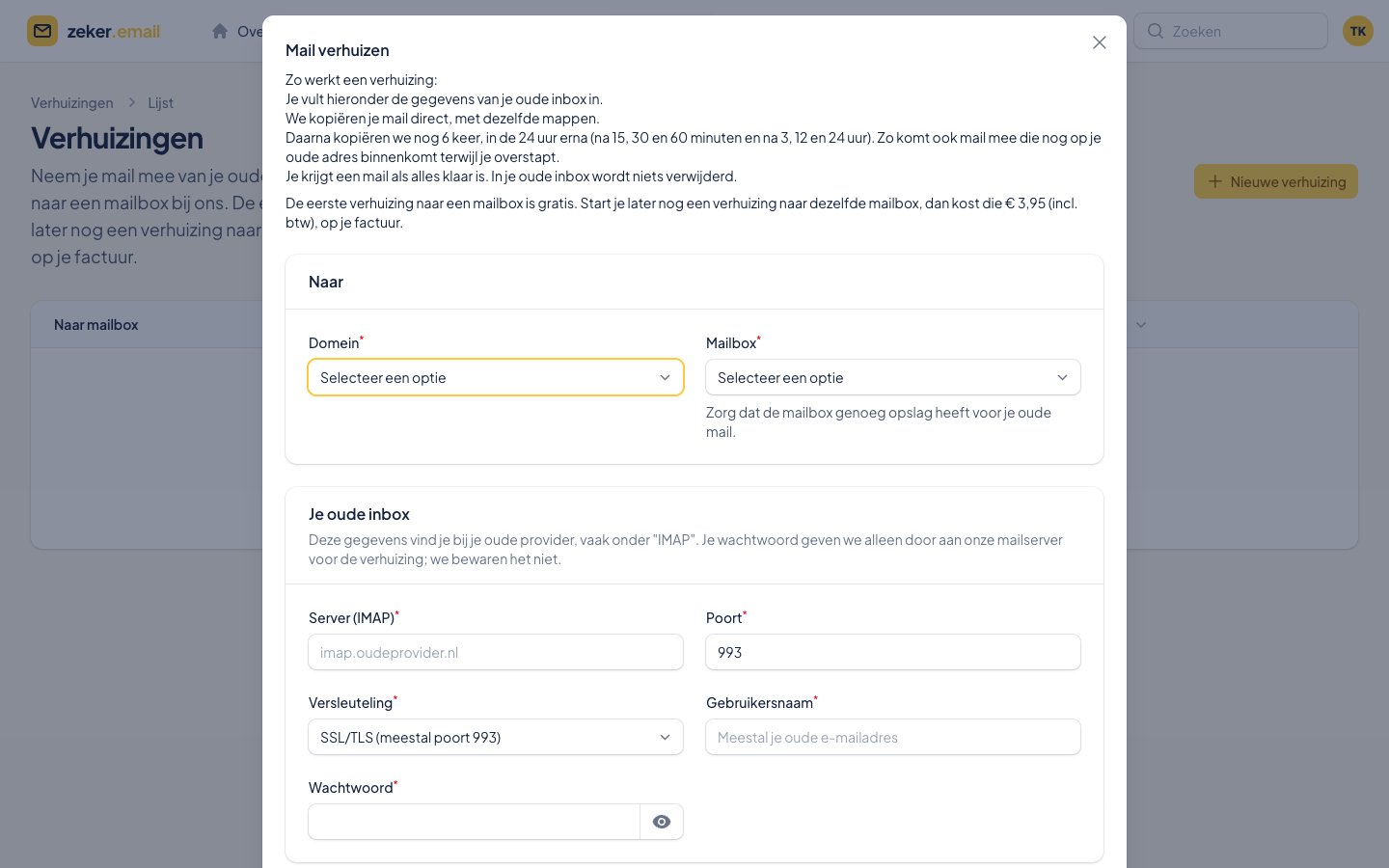Formulier om mail te verhuizen van een oude provider naar zeker.email