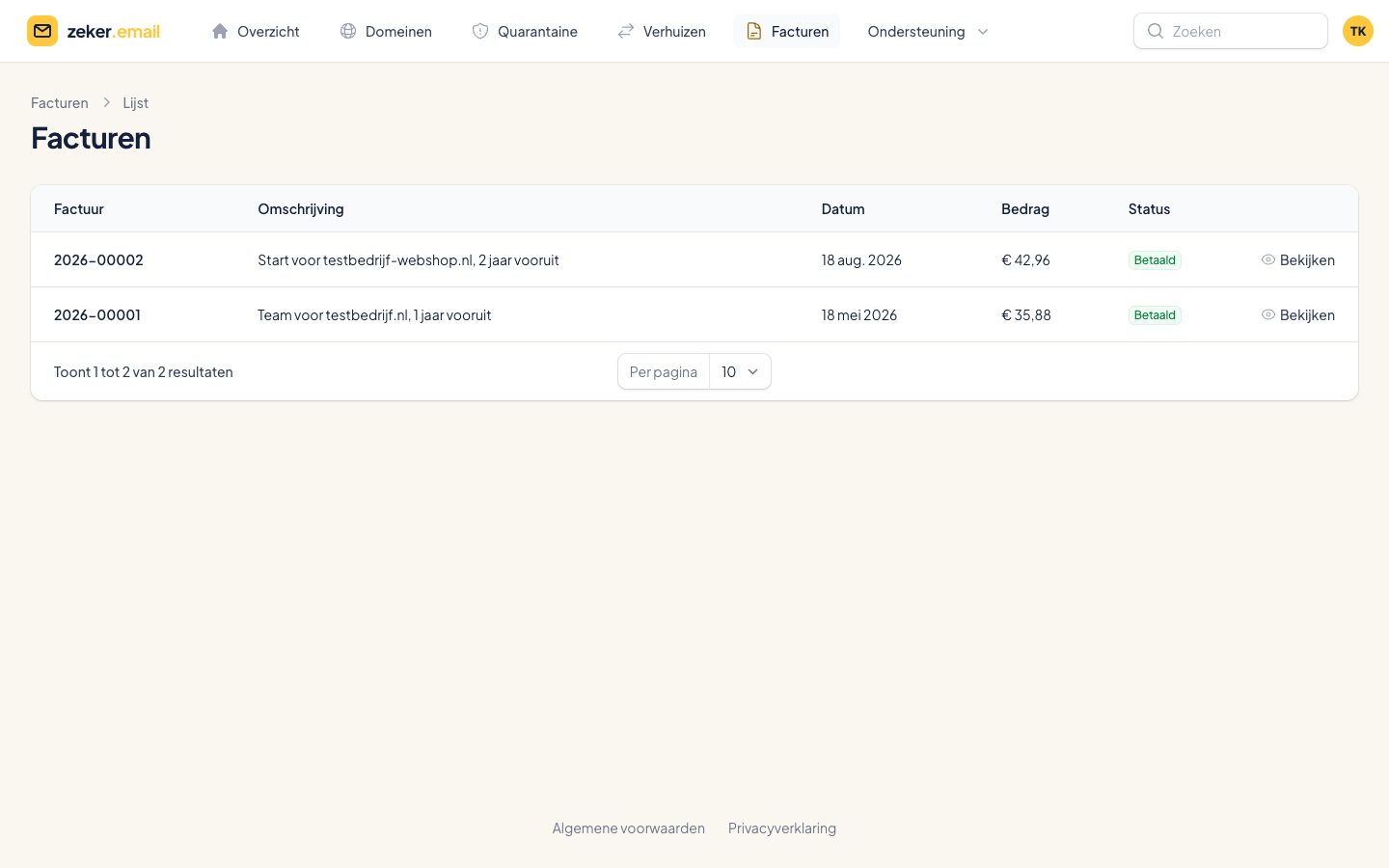 Overzicht van facturen in de zeker.email-portal