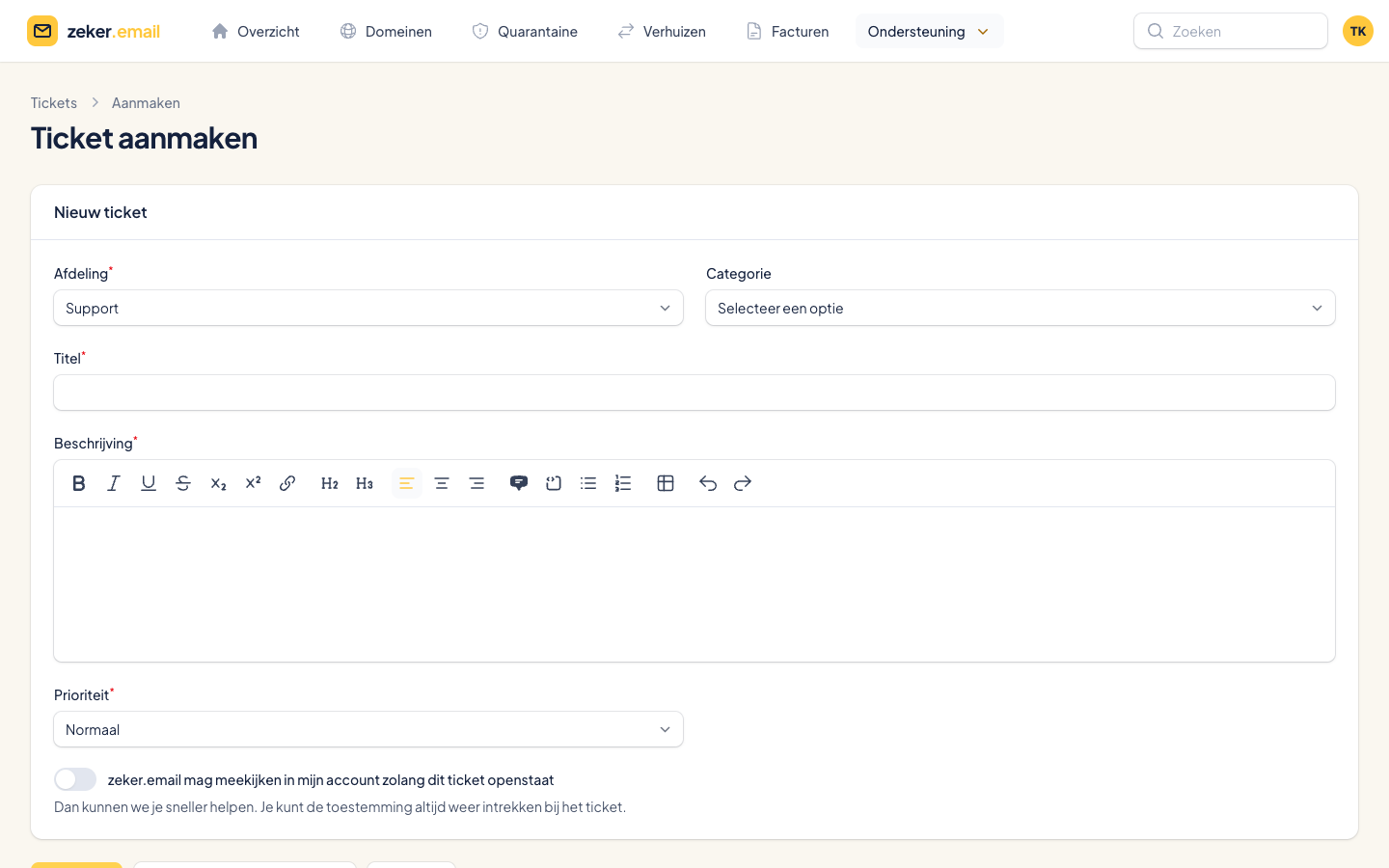 Een supportticket aanmaken in de zeker.email-portal