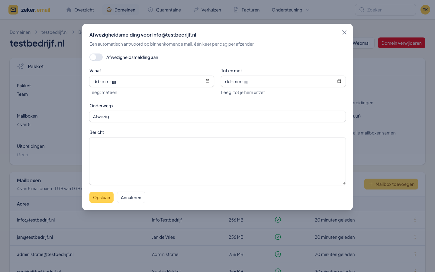 Afwezigheidsmelding instellen voor een mailbox
