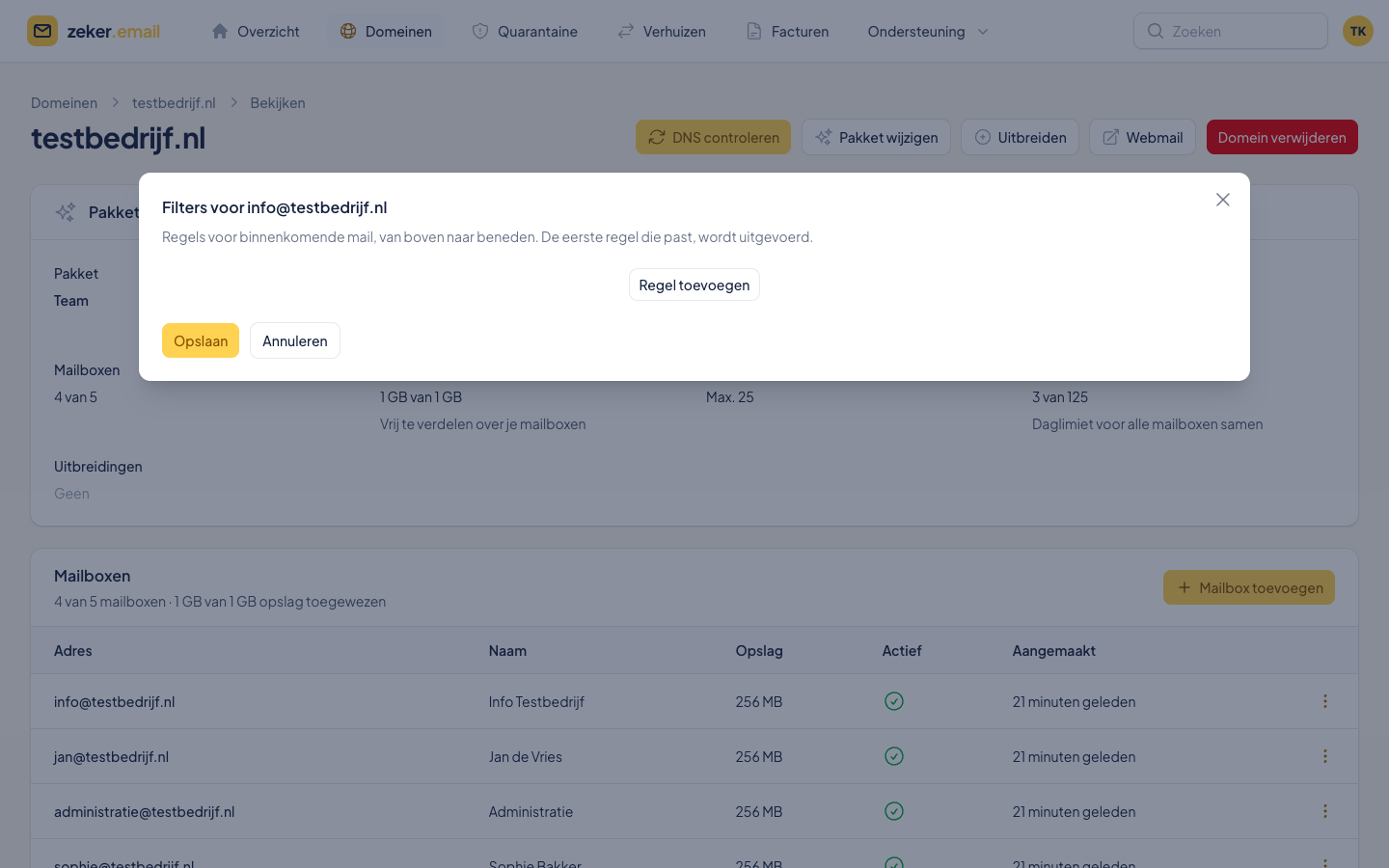 Het venster Filters voor een mailbox