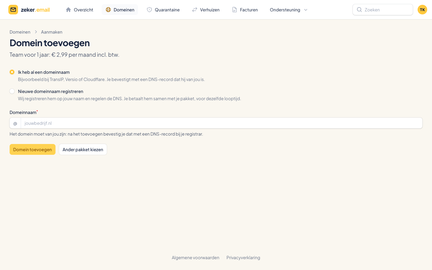 Domein toevoegen in de portal: kiezen tussen een bestaande domeinnaam of een nieuwe registreren