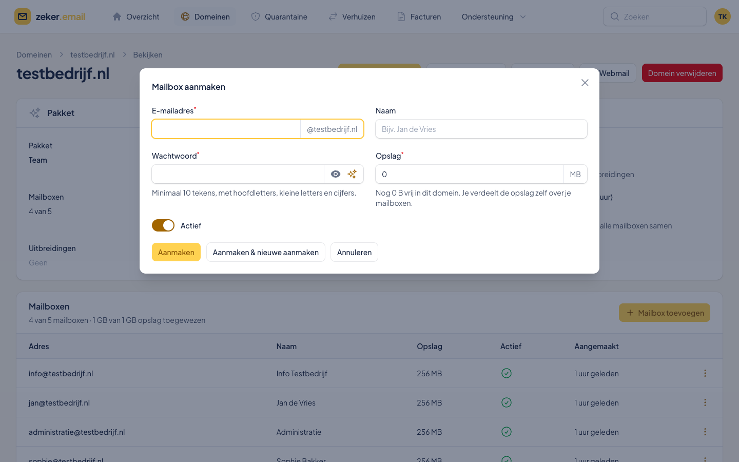 Het venster Mailbox aanmaken met e-mailadres, naam, wachtwoord en opslag
