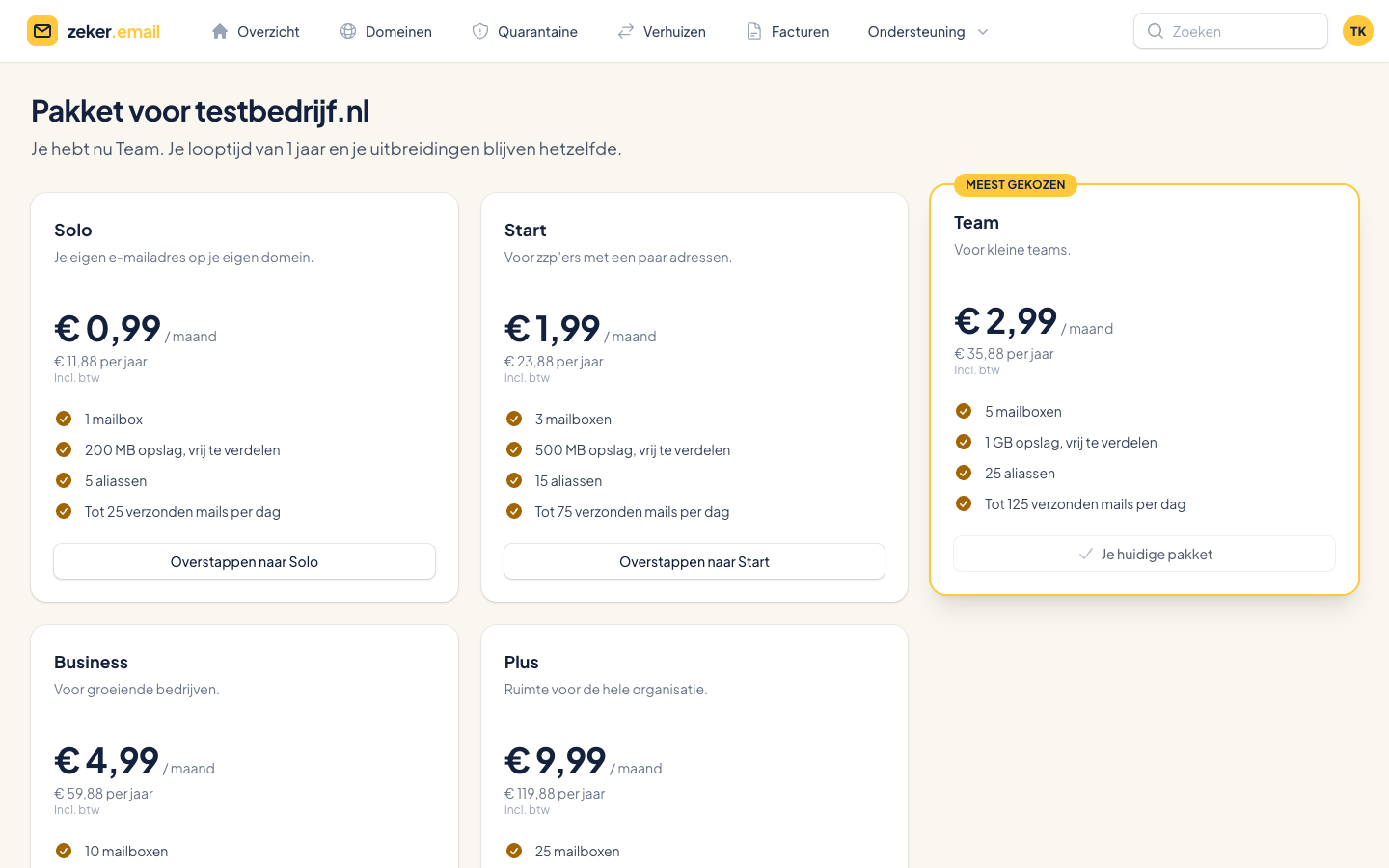Het pakket van een domein wijzigen