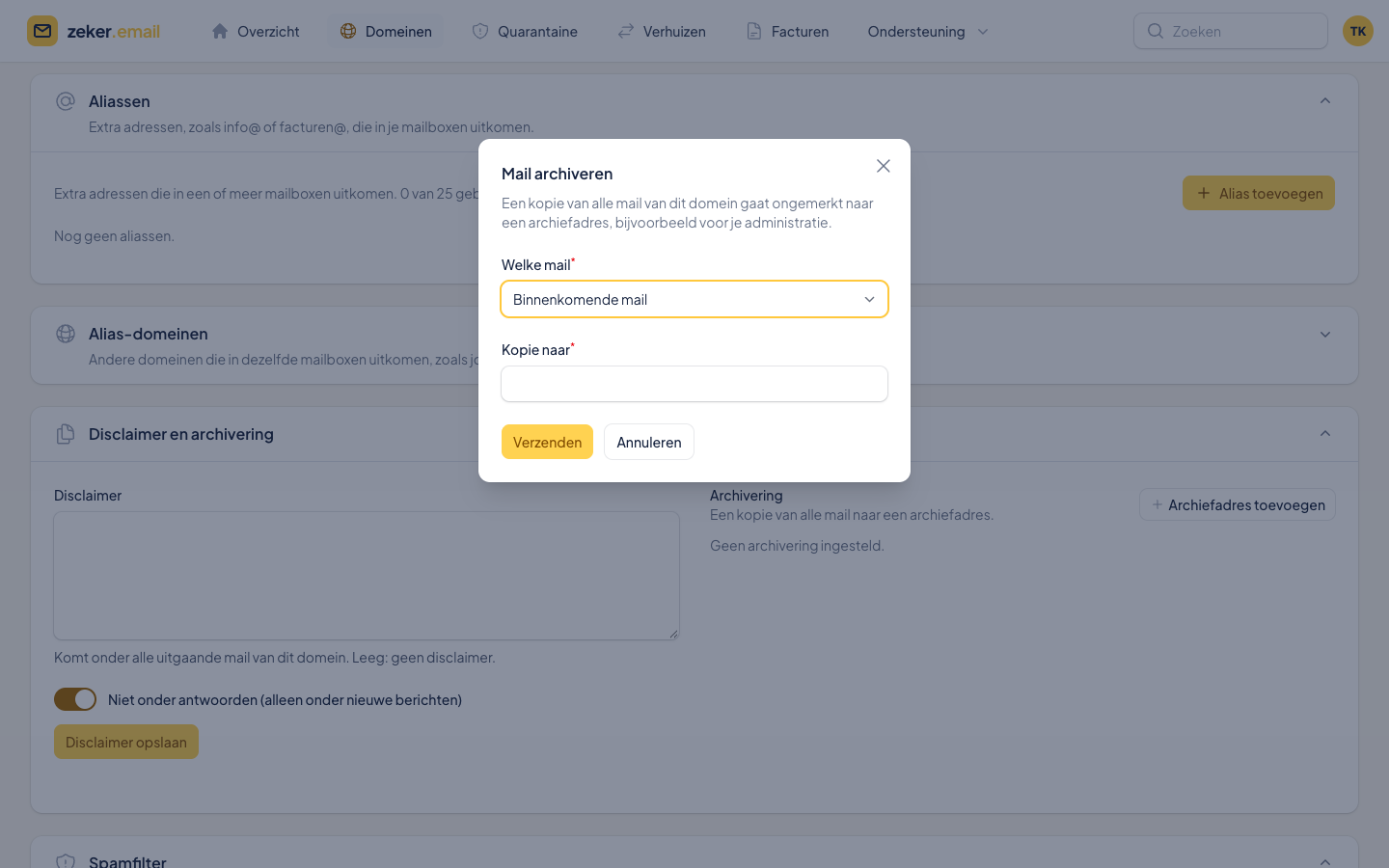 Een archiefadres toevoegen voor binnenkomende of uitgaande mail